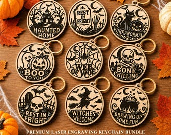Spooky Halloween Keychain SVG Bundle: Witch, Pumpkin, Skull and Haunted House (Digital Download)