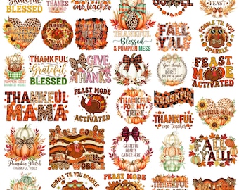 Thanksgiving PNG Bundle, 50 Retro Fall Autumn PNG, Pumpkin Leaves Sublimation Design