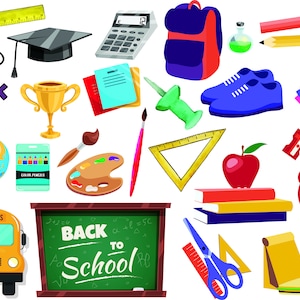 May include: A colourful illustration of various school supplies, including a globe, a school bus, a backpack, a calculator, a ruler, a pencil, a paintbrush, a paint palette, a trophy, a book, a pair of shoes, a red apple, a clock, a lunch bag, a milk carton, a pair of scissors, a protractor, a push pin, a paperclip, and a chalkboard with the text "Back to School".