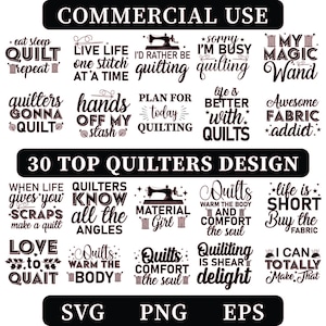Puede incluir: Un diseño gráfico en blanco y negro con 30 citas sobre acolchado. Las citas están dispuestas en una cuadrícula de 10 filas y 3 columnas. Las citas son sobre acolchado, tela y la vida. El texto "30 Top Quilters Design" está en la parte superior del gráfico. Las palabras "SVG", "PNG" y "EPS" están en la parte inferior del gráfico.