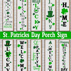 Pode incluir: Conjunto de dez placas de varanda para o Dia de São Patrício com vários designs. As placas apresentam trevos, duendes e frases como "Bem-vindo", "Sortudo", "Feliz Dia de São Patrício" e "Abençoe nossa casa".