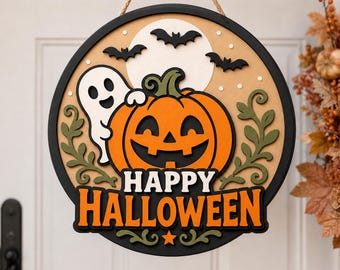 Happy Halloween Door Hanger SVG, Cute Ghost Pumpkin Sign, Layered Laser Cut File, Spooky Round Door Decor PNG