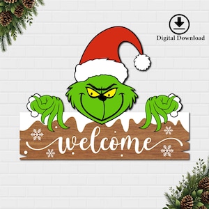 Cartello di benvenuto Svg, Buon Grinchmas Svg, Grinch Natale Svg, Cartello porta Grinch Svg, Cartello di Natale Svg, Volto Grinch Svg, File di taglio per appendino porta