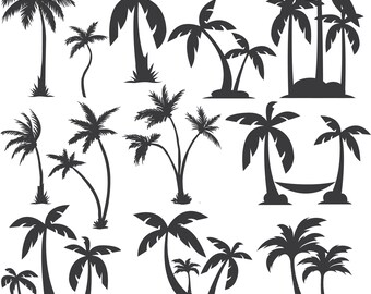 May include: A collection of 14 black silhouette illustrations of palm trees in various styles and poses. Some trees are single, while others are grouped together. Some trees have a hammock hanging between them.