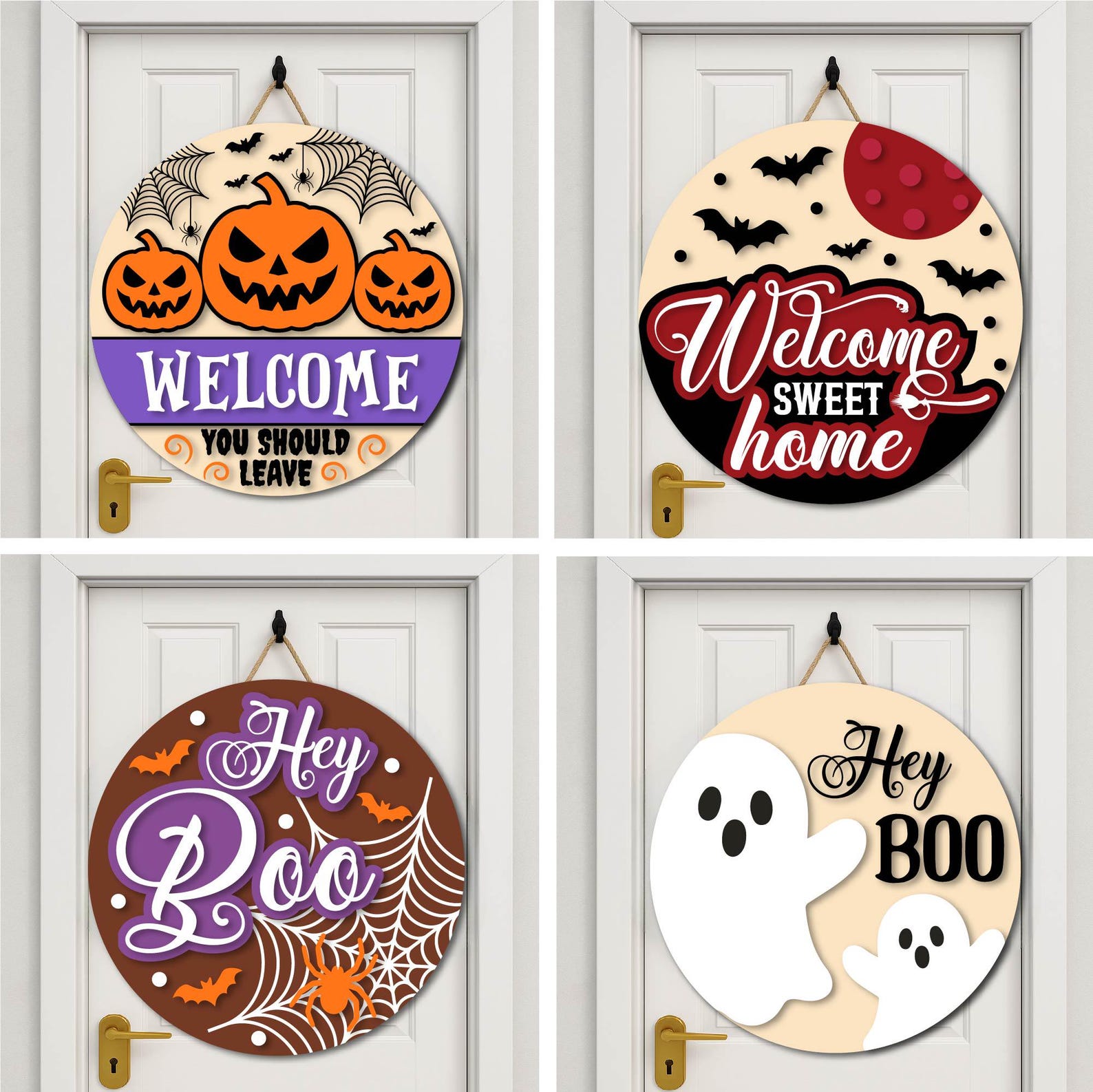 Halloween Door Hanger SVG Bundle: Spooky Welcome Sign, Laser Cut Files ...