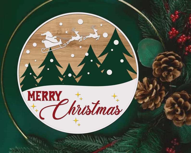 May include: A round wooden Christmas decoration featuring a laser-cut design of Santa Claus in a sleigh pulled by reindeer above green trees. The words "Merry Christmas" are written in red script with yellow star accents.