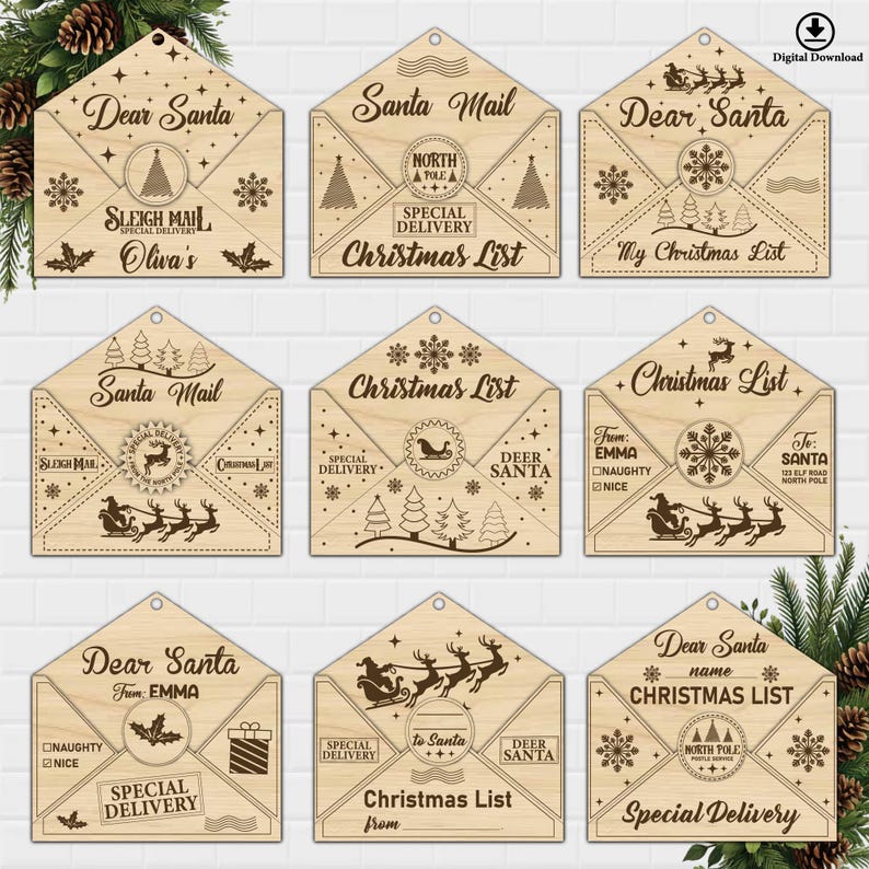 K&ouml;nnte beinhalten: Satz von acht druckbaren Weihnachtslisten-Designs mit Holzmaserung und verschiedenen festlichen Elementen, darunter ein Weihnachtsmann, Rentiere, Schneeflocken und Weihnachtsb&auml;ume. Die Designs beinhalten den Text "Lieber Weihnachtsmann", "Weihnachtsliste", "Sonderlieferung" und "Weihnachtspost".