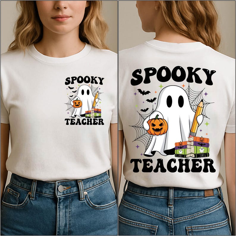 May include: White t-shirt with a Halloween-themed graphic. The design features a ghost holding a pumpkin and a pencil, with the words "Spooky Teacher" above and below the image. Bats and spiderwebs complete the design.