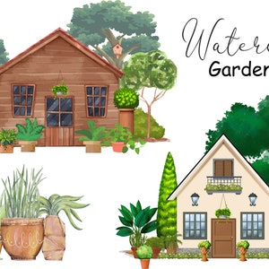 Watercolor Garden House Clipart: Cottage & Greenhouse Scene Creator (SVG, PNG, EPS)