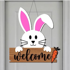 Pasen deurhanger SVG, paashaas SVG, welkomstbord SVG, lasergesneden bestanden, paasdeur bord png-Glowforge-bestanden