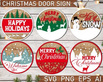 Kerstdeurbord SVG-bundel, feestelijke deurhanger decor Glowforge gesneden bestand