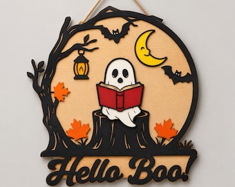Hello Boo Reading Ghost Door Hanger SVG, Halloween Book Lover Wooden Sign, Fall Porch Decor, Spooky Season Cricut Glowforge Cut File