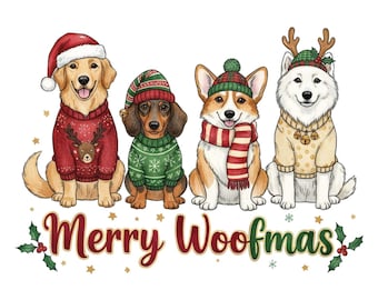 Merry Woofmas Dog PNG: Retro Christmas Sublimation Design