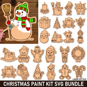 May include: A wooden Christmas paint kit bundle featuring various laser-cut ornaments. The ornaments include a snowman, Santa Claus, angels, reindeer, and other festive shapes. The image also shows a hand painting a snowman ornament with a paintbrush.