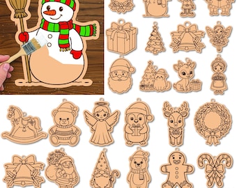 クリスマスペイントキットSVGバンドル、クリスマスぬり絵子供用木製看板レーザーカットファイル
