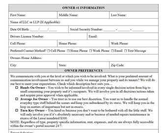 May include: A black and white form with the title "Owner/Property/Tenant Information". The form asks for personal information, including name, address, phone number, and email. It also asks for information about the property, including the name of the LLC or LLP, the date of birth, and the driver's license number. The form also asks for information about the tenant selection process and property maintenance.