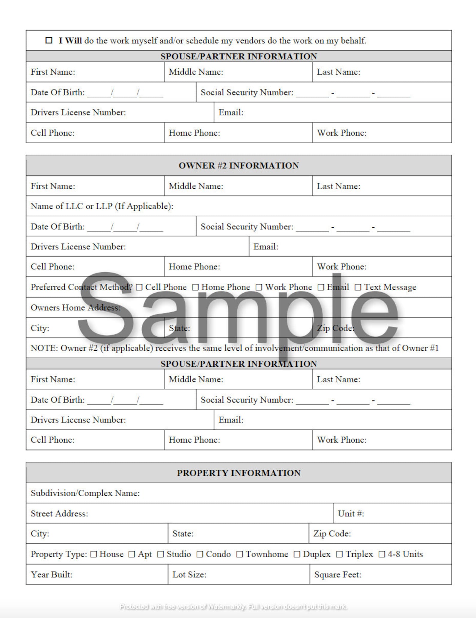 Owner, Property, & Tenant, Information Worksheet: Property Management ...
