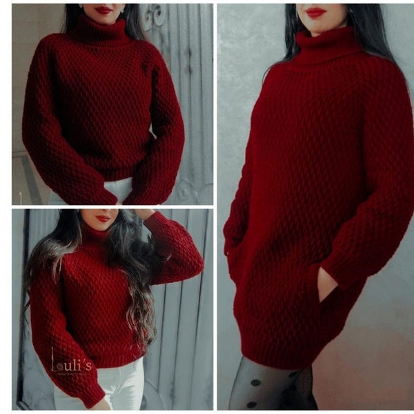 Oversized pocket sweater dress crochet pattern, turtleneck raglan, winter fall pullover, invisible pockets, handmade DIY, beginner friendly