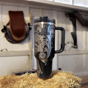 40oz Stanley Quencher Western Filagree stamped leather look laser engraved Tumbler, full wrap design