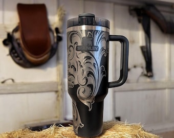 40oz Stanley Quencher Western Filagree stamped leather look laser engraved Tumbler, full wrap design