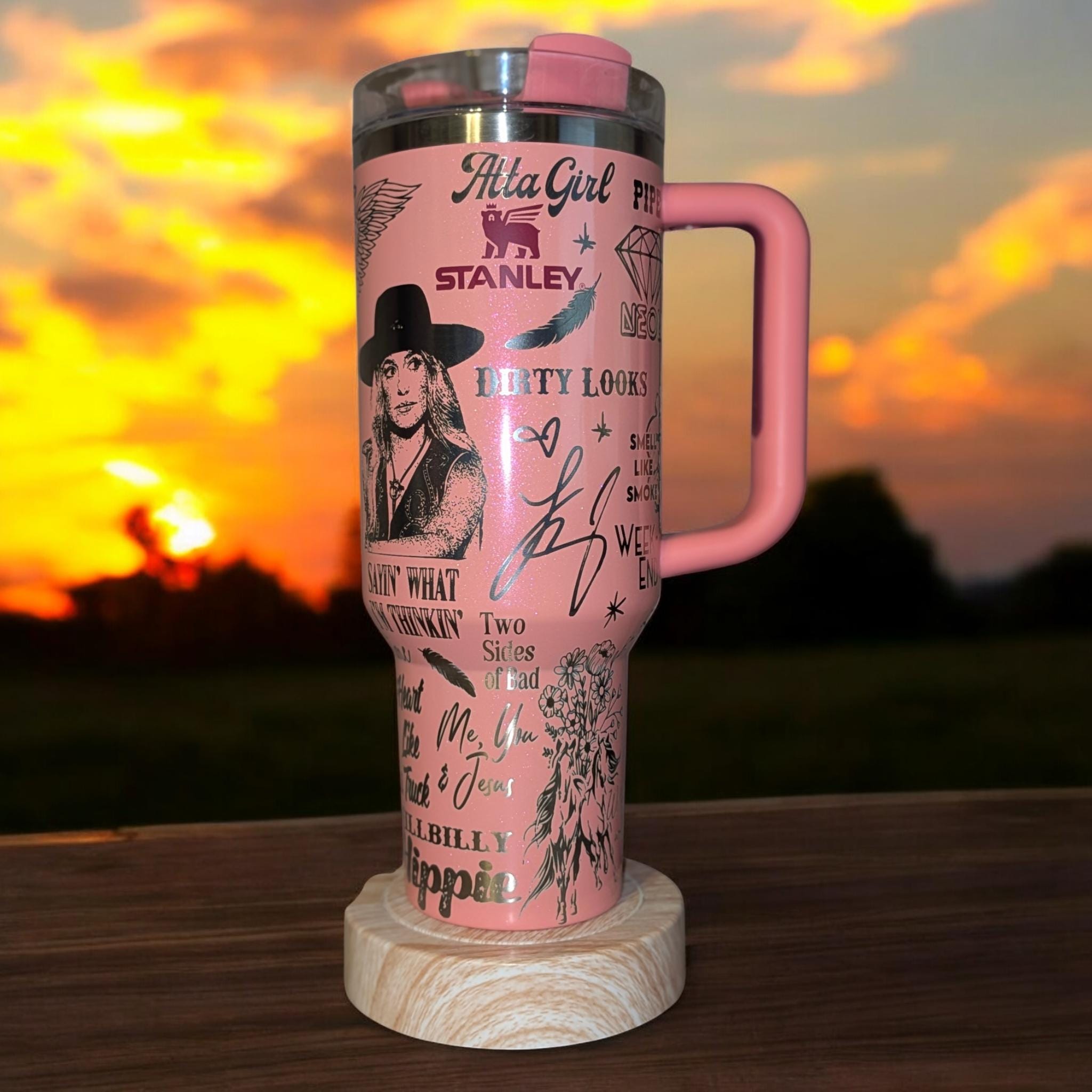 40oz Stanley Quencher LW Lainey Songlist Hillbillie Hippie Country's Cool Again laser engraved 40oz Tumbler, full wrap design