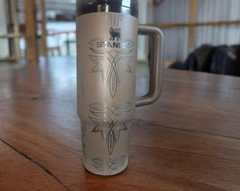 30oz Boot Stitch Stamped Leather Look Authentic Stanley Quencher laser engraved Tumbler, front and back 360 design, color shown is Expresso