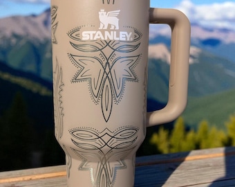 40oz Boot Stitch Stamped Leather Look Authentic Stanley Quencher laser engraved Tumbler, front and back 360 design, color shown Almond Rose.