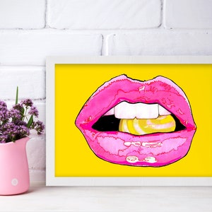 LIPPEN GELB. Lippen. Gerahmte Wandkunst / Lips Art / Ltd. Editionen von 25 / Premium-Qualität, Umweltfreundlich / Wohnzimmer