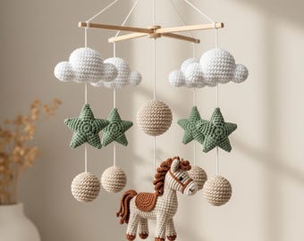 Handgefertigte Pferde Baby Mobile, Häkelpferde Baby Kinderzimmer, Häkelpferde Thema Baby Mobile, Babypartygeschenk, Boho Cowboy Mobile