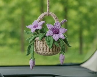 Crochet Clematis Car Hanging: Boho Flower Rearview Mirror Charm