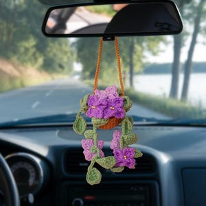 Crochet Lilac Flower Basket Car Charm: Handmade Floral Rearview Mirror Decor
