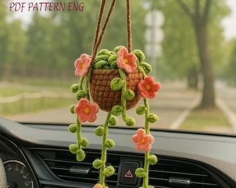 Crochet Car Hanging Plant Pattern: DIY Rearview Mirror Decor (PDF Pattern)
