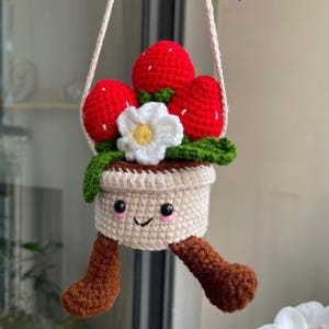 Smiley Daisy Strawberry Crochet Hanging Plant Pattern – Cute Car Charm PDF Tutorial, Amigurumi Hanging Decoration, Digital Pattern Only