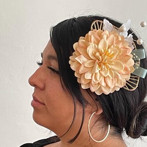 Romantic Dahlia Flower Fascinator in Orange, Mint Green Gold with Lace, Pearls, Victorian, Botanical, Vintage, Wedding, Book Club, Tea Party