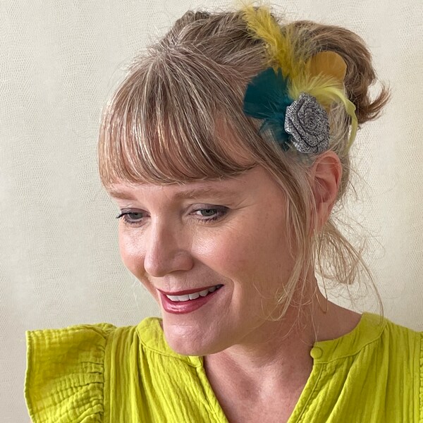 Tempting Tweed Rosette Fascinator in Emerald, Lime and Moss Green, Gold and Gray with Feathers Vintage 1950's Posh Summer