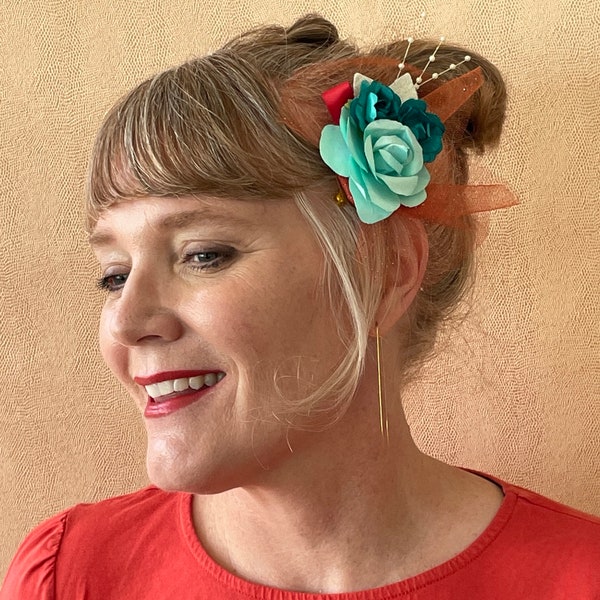 Raucous Rose Teal and Bright Blue Flower Fascinator in Iridescent White and Orange with Ribbon, Tulle, Pips and Leaf Rooftop Party Dance