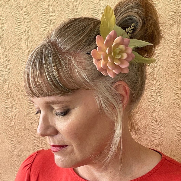 Sublime Sunset Succulent Desert Fascinator in Pink, Lime Green and Yellow with Lime Green and Yellow Gold Feathers, and Tumbleweed Boho