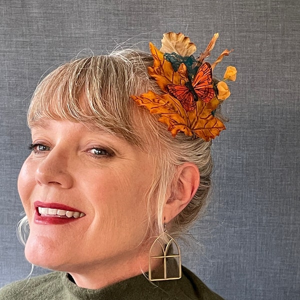 Bright Butterfly Fall Leaf Woodland Thanksgiving Fascinator in Rich Orange, Deep Teal and Buttery Yellow with Lace, & Flower Cottagecore