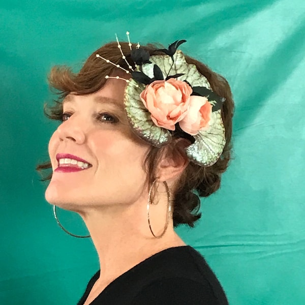 Dark Garden Flower Fascinator in Blush Pink, Black and Silver Green with Peonies, and Pearl Pips Victorian Botany Cottagecore Apothecary