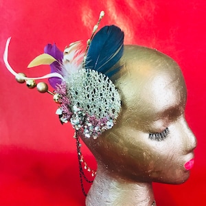 Seductive Noir Gold and Plum Soiree Fascinator with Two-Sided Glitter Disk, Feathers, Rhinestone and Black Chains and Gold Pips