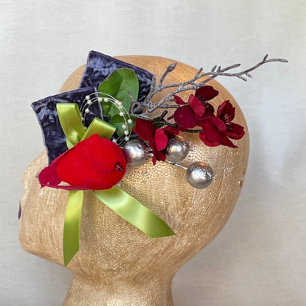 Christmas Cardinal Bird Fascinator in Silver, Periwinkle Purple, Red, Lime Green with Snowy Branch, Velvet Ribbon, & Flower Cottagecore