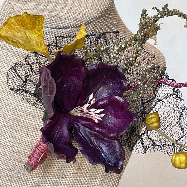 Romantic Dark Garden Autumn Halloween Flower Corsage in Yellow, Purple and Pink with Pumpkins, Gingko, Spider Web Moss, Moody Cottagecore