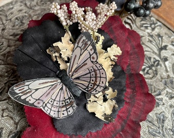Magical Woodland Mushroom Fascinator In Blood Red, Black, Gray and White with Butterfly, Cattail, Moss, Berries, Feathers and Leaves Witchy