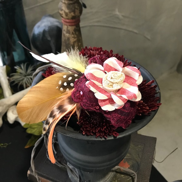 Victorian Gothic Garden Party Book Club Fascinator with Salmon and Cream Striped Flower, Red Sequin Lace, Orange, Gold and Striped Feathers