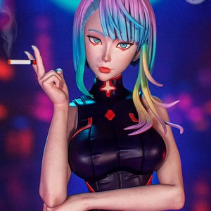 May include: A figurine of a woman with rainbow-colored hair and teal eyes, holding a lit cigarette. She wears a black outfit with red accents. The image includes the text "PATREON www.patreon.com/peachfigure".