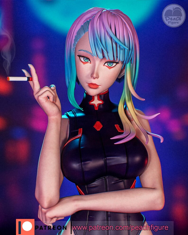 May include: A figurine of a woman with rainbow-colored hair and teal eyes, holding a lit cigarette. She wears a black outfit with red accents. The image includes the text "PATREON www.patreon.com/peachfigure".