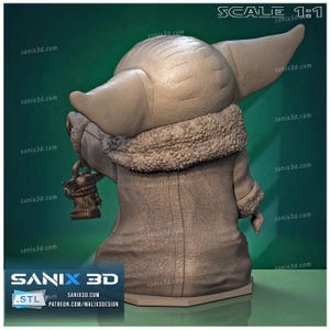 Pu&ograve; includere: Un modello 3D di un personaggio con grandi orecchie, che indossa un cappotto con colletto in pelliccia e tiene in mano un piccolo oggetto. Il modello &egrave; grigio chiaro e poggia su una base rettangolare. L'immagine include il testo "SANIX 3D" e "SCALE 1:1".