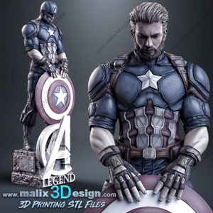May include: A 3D printed model of Captain America, a superhero from Marvel Comics. The model is posed with his arms crossed and holding his shield. The model is painted in the classic Captain America colors of red, white, and blue. The model is standing on a base with the Avengers logo.