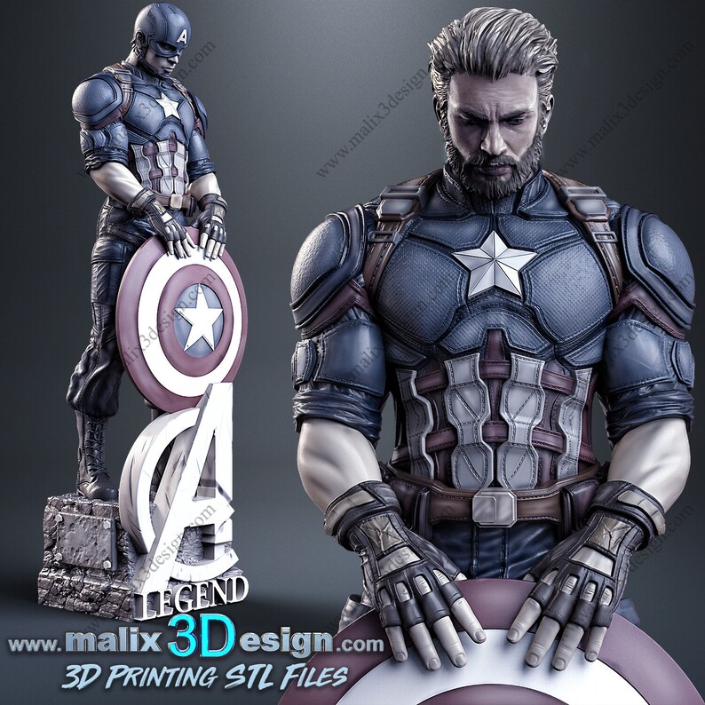 May include: A 3D printed model of Captain America, a superhero from Marvel Comics. The model is posed with his arms crossed and holding his shield. The model is painted in the classic Captain America colors of red, white, and blue. The model is standing on a base with the Avengers logo.