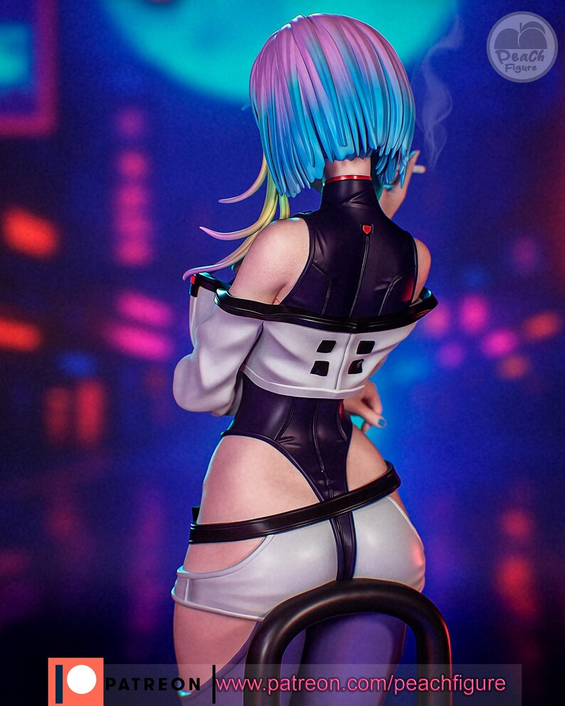 May include: A detailed figure of a woman with vibrant blue, pink, and yellow hair, wearing a futuristic black and white outfit. The figure is holding a cigarette, with smoke rising. The background is a blurred neon cityscape.